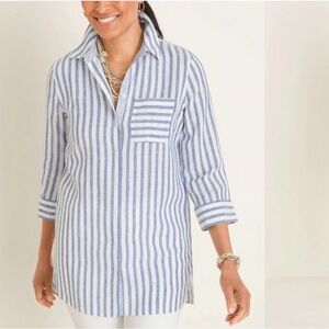 CHICO’S Women’s Blue And White NO IRON LINEN  TUNIC Sz 1.5 M10